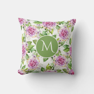 Cojín Decorativo Monograma Bonito Morado Verde Acuarela Floral