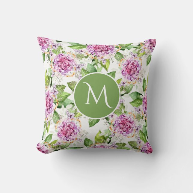 Cojín Decorativo Monograma Bonito Morado Verde Acuarela Floral (Anverso)