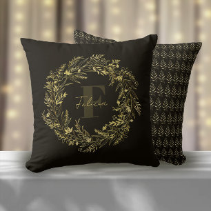 Cojín Decorativo Monograma Botánico de Hoja de Oro Letra F