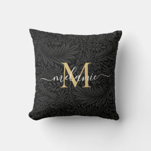 Cojín Decorativo Monograma Botánico Floral Vintage Negro y Dorado