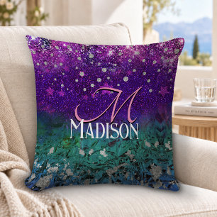 Cojín Decorativo Monograma brillante con ombre de azul morado lindo