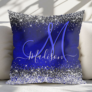 Cojín Decorativo Monograma brillante falso de azul real plateado li