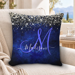 Cojín Decorativo Monograma brillante falso de oro azul real lindo