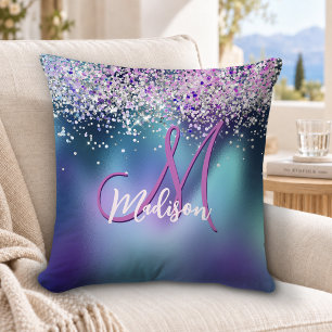 Cojín Decorativo Monograma brillante falso turquesa morado lindo