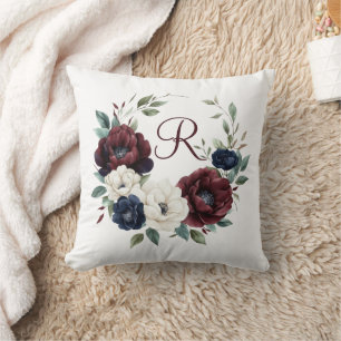 Cojín Decorativo Monograma Burgundy Granate Azul Marino Blanco Flor