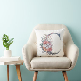 Cojín Decorativo Monograma C Floral Acuarela Azul Melocotón Rosa