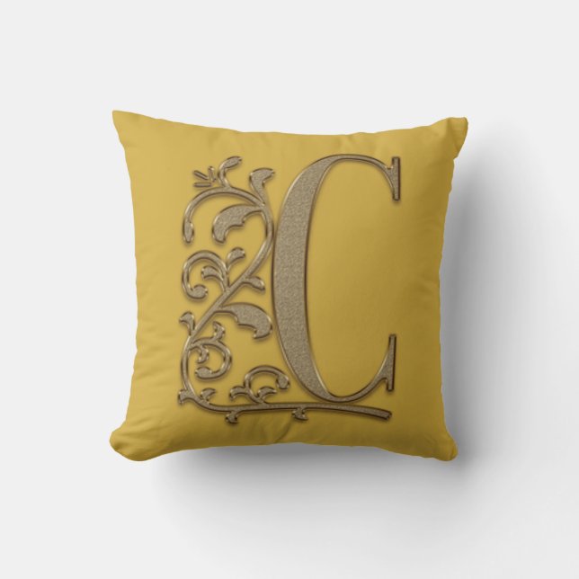 Cojín Decorativo Monograma C Mostaza Amarillo Familia Boda, Cumplea (Anverso)