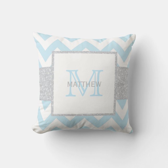 Cojín Decorativo Monograma Chevron Azul gris niño molido (Anverso)
