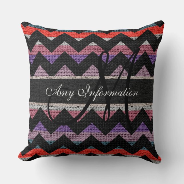 Cojín Decorativo Monograma Chevron Burlap Rústico #4 (Anverso)