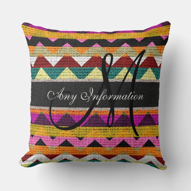 Cojín Decorativo Monograma Chevron Burlap Rústico #7 (Anverso)