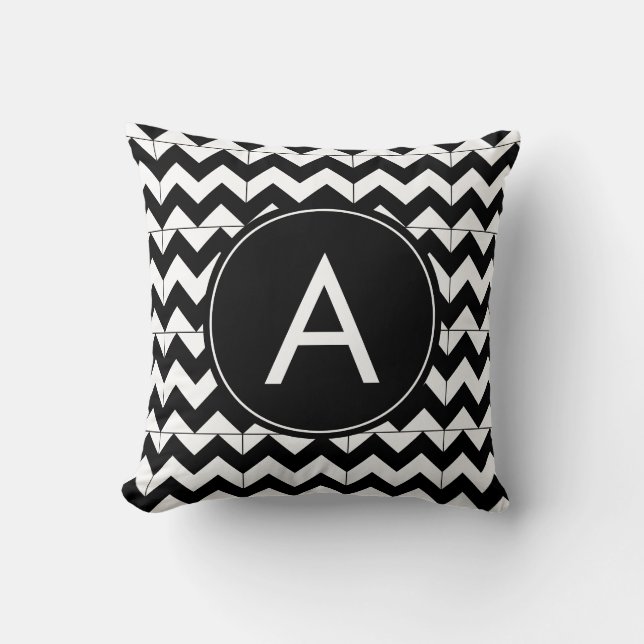 Cojín Decorativo Monograma Chevron Moderno Blanco y Negro (Anverso)