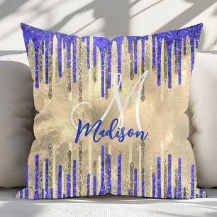 Cojín Decorativo Monograma chic azul real con destellos dorados