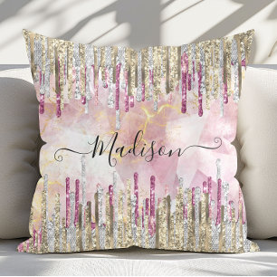 Cojín Decorativo Monograma chic con gotas de brillo dorado rosa