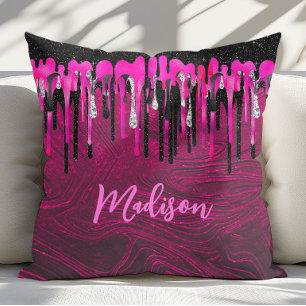 Cojín Decorativo Monograma chic de rosa caliente con destellos negr