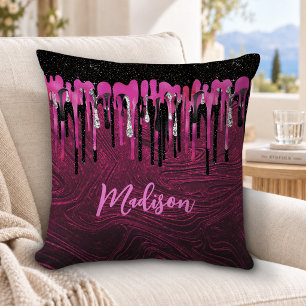 Cojín Decorativo Monograma chic de rosa caliente con destellos negr