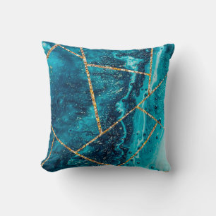 Cojín Decorativo Monograma Chic Geoda de Ágata Dorada Azul Marítimo