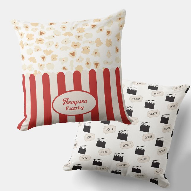 Cojín Decorativo Monograma cinematográfico retro de popcorn (Popcorn Retro Movie Cinema Monogram Throw Pillow)