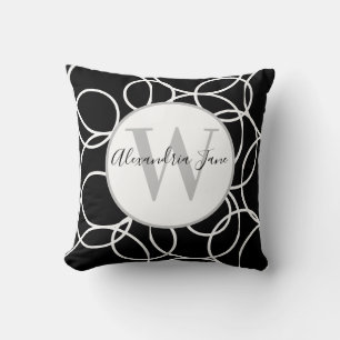 Cojín Decorativo Monograma Círculos blancos Negro Moderno Resumen