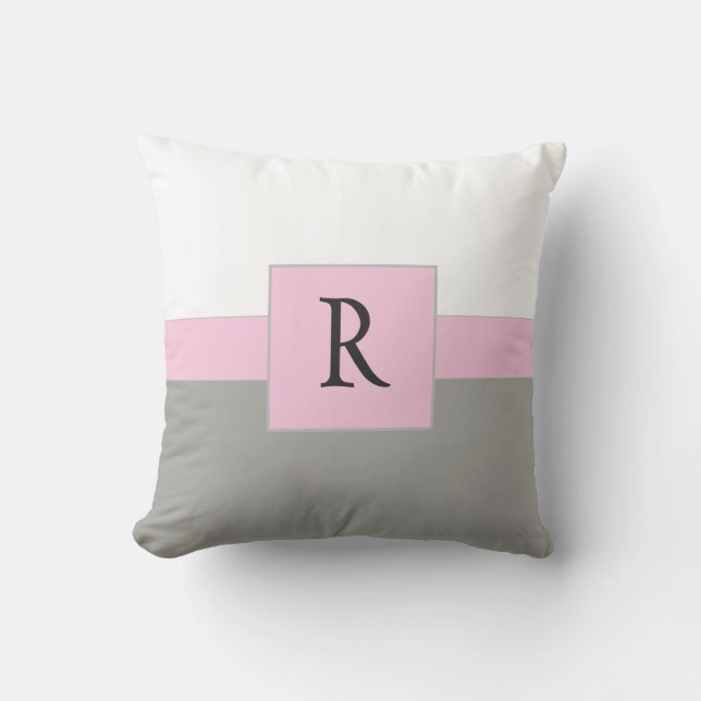 Cojín Decorativo Monograma clásico blanco rosa y gris (Anverso)