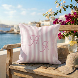 Cojín Decorativo Monograma Clásico Costero de Raya Rosa Blanca
