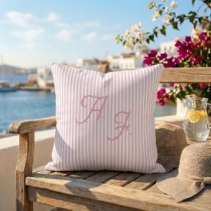 Cojín Decorativo Monograma Clásico Costero de Raya Rosa Blanca