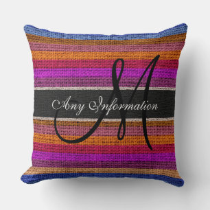 Cojín Decorativo Monograma Coloridas Rayas Burlap Jute Rústico #8