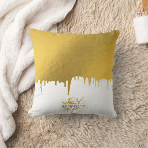 Cojín Decorativo Monograma con gotas metálicas doradas de moda