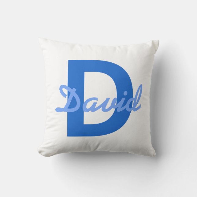 Cojín Decorativo Monograma con nombre editable blanco azul oscuro y (Anverso)