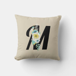 Cojín Decorativo Monograma con rociada floral en aqua y blanco