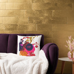 Cojín Decorativo Monograma con Salpicaduras de Rosa, Púrpura y Oro