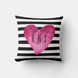 Cojín Decorativo Monograma Corazón de color de agua negro + blanco