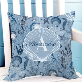 Cojín Decorativo Monograma Costero Azul Vida Marina
