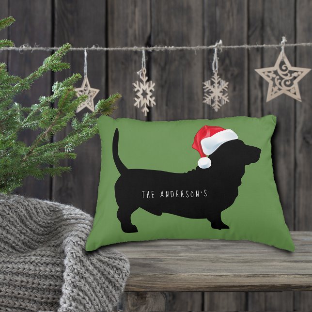 Cojín Decorativo Monograma Dachshund Santa Hat (Christmas Dachshund Santa Hat Monogram Accent Pillow)