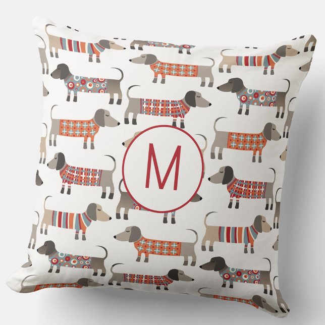 Cojín Decorativo Monograma Dachshund Wiener Dog (Monogram initial personalized Dachshund Wiener Sausage Dog throw pillow)