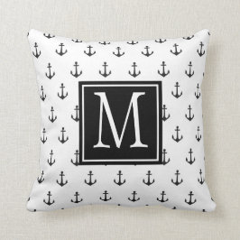 Cojín Decorativo Monograma de ancla náutica en blanco y negro