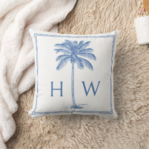 Cojín Decorativo Monograma de árbol de palma azul y blanca Palmetto