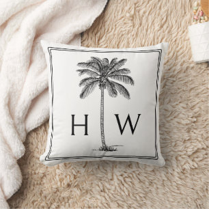Cojín Decorativo Monograma de árbol de palma palmetto en blanco y n