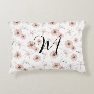 Cojín Decorativo Monograma de Arte de Flores Rosadas al Agua