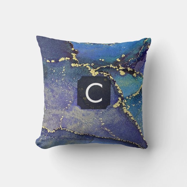 Cojín Decorativo Monograma de arte líquido morado azul Verde azulad (Anverso)