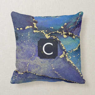Cojín Decorativo Monograma de arte líquido morado azul Verde azulad