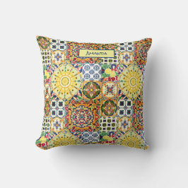 Cojín Decorativo Monograma de azulejos naranja geométricos mediterr