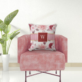 Cojín Decorativo Monograma de banda floral rosa magenta blanca eleg