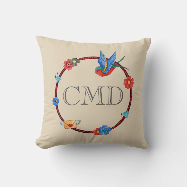Cojín Decorativo Monograma de Boho Bluebird (Anverso)