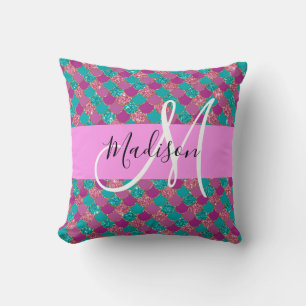 Cojín Decorativo Monograma de Brillo de Sirena Turquesa Púrpura