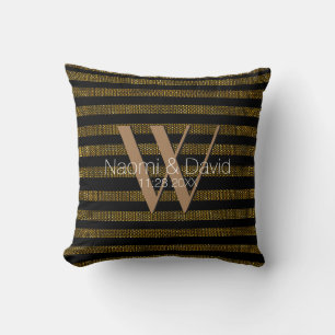 Cojín Decorativo Monograma de brillo dorado grungish y rayas negras