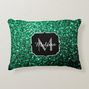 Cojín Decorativo Monograma de brillo falso verde esmeralda