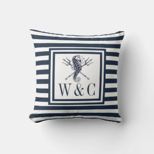 Cojín Decorativo Monograma de Caballo Marino Náutico con Rayas Azul