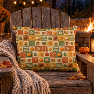 Cojín Decorativo Monograma de calabaza de patchwork de otoño rústic
