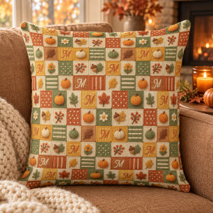 Cojín Decorativo Monograma de calabaza de patchwork de otoño rústic