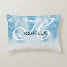 Cojín Decorativo Monograma de caligrafía de guion de invierno azul